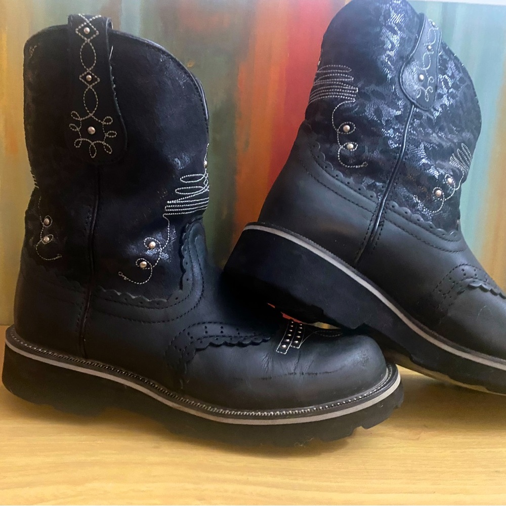ARIAT Fatbaby black cowboy Leather Teal Short Boots 8.5